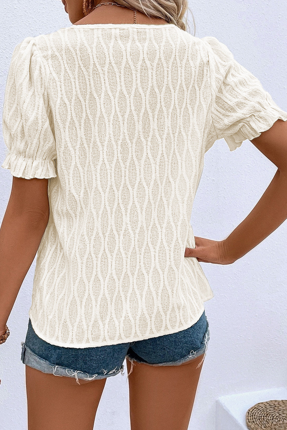 Solid Textured Notch Neck Puff Sleeve Blouse