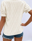 Solid Textured Notch Neck Puff Sleeve Blouse