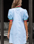Colorblock Contrast Stripe V-Neck Puff Sleeve Mini Dress