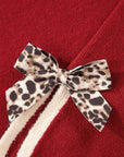 Leopard Bow Split Cuff Contrast Trim Sweater