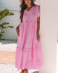 Ella Stripe V Neck Puff Short Sleeve Maxi Dress