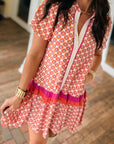 Floral Geometric Colorblock Ruffle Hem Dress