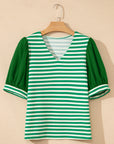 Stripe Patchwork Puff Short Sleeve V-Neck Blouse