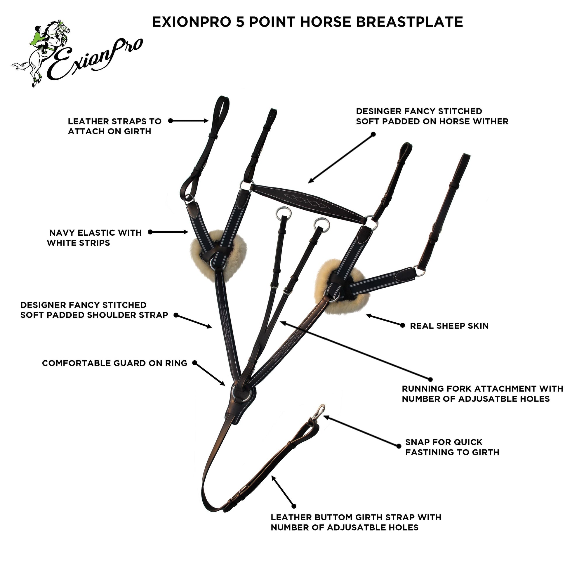 Five Point Premium Equestrian Breastplate With Sheepskin Padding Navy Blue Elastic Straps