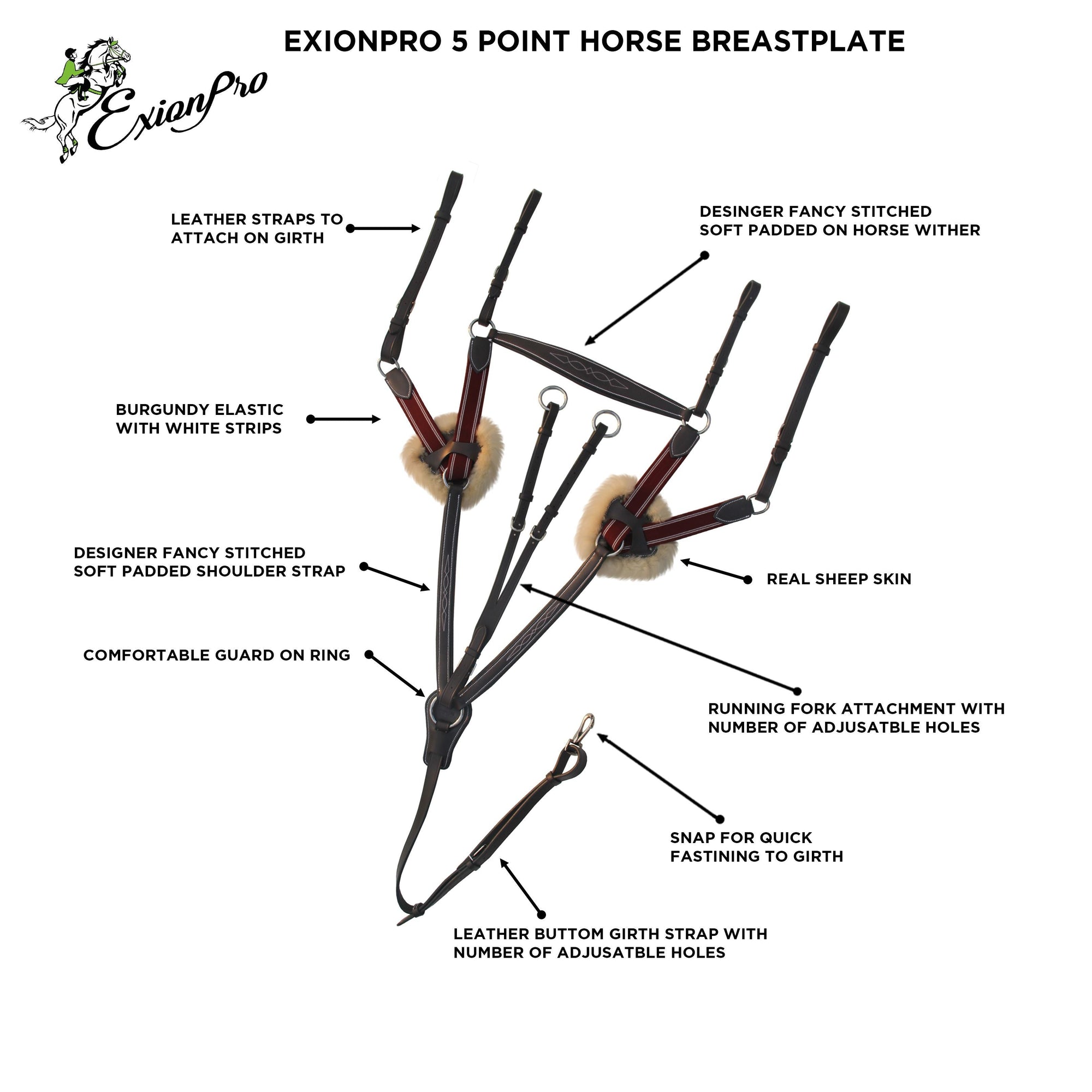 ExionPro 5 Point Breastplate with Sheepskin Padding - Burgundy Elastic &amp; White Strips