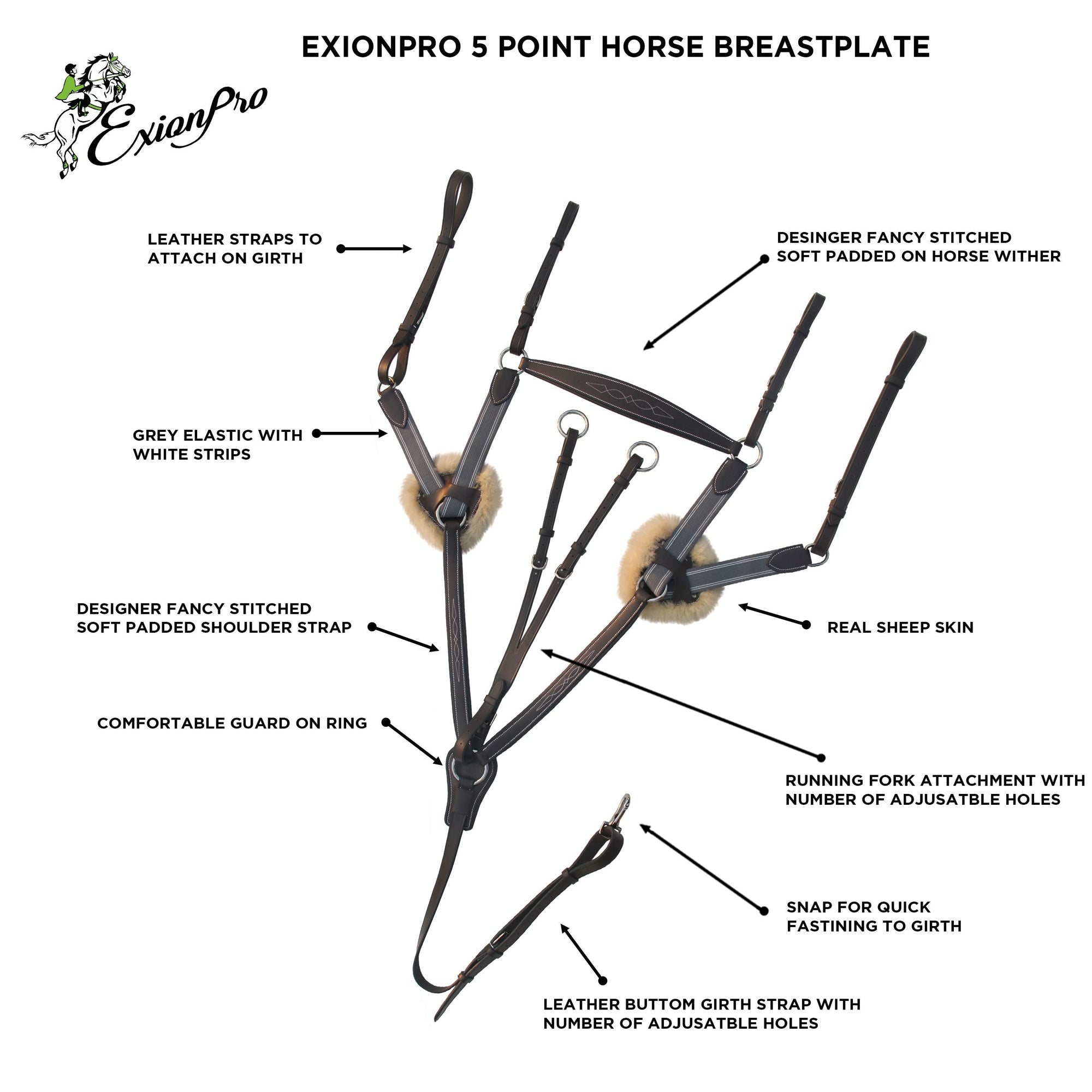 ExionPro 5 Point Breastplate with Sheepskin Padding - Grey Elastic &amp; White Lines
