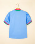 Contrast Stripe V-Neck Short Puff Sleeve Blouse