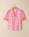 Floral Poppy Stripe Colorblock V-Neck Short Sleeve Blouse