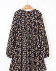 Floral Smocked V-Neck Bubble Sleeve Babydoll Dress