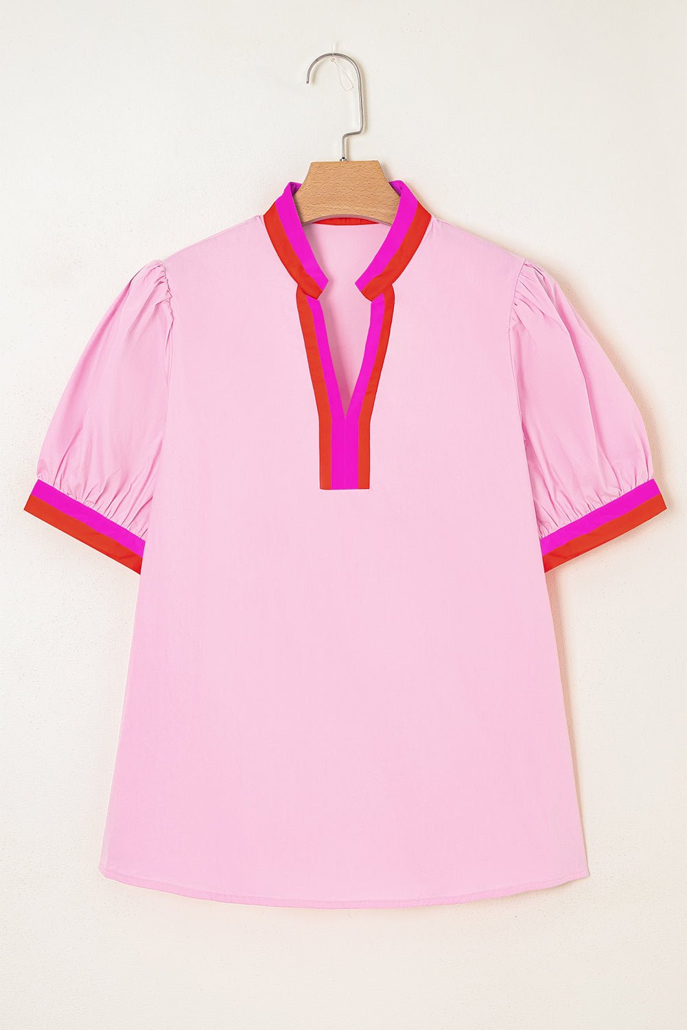 Contrast Stripe V-Neck Short Puff Sleeve Blouse