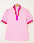 Contrast Stripe V-Neck Short Puff Sleeve Blouse