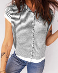 Stripe Contrast Trim Cap Sleeve Button-Up Cardigan