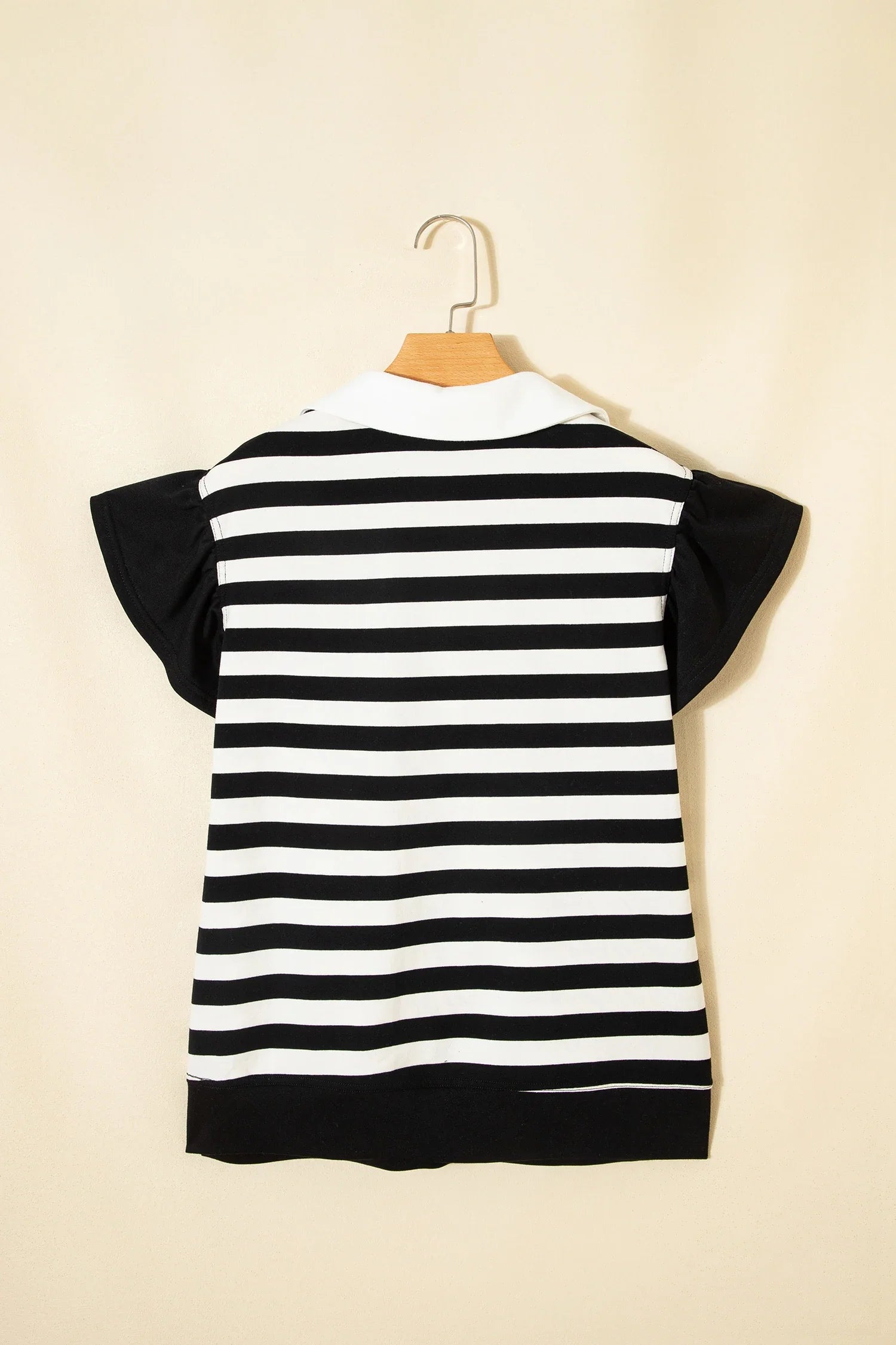 Stripe Collar V-Neck Ruffle Short Sleeve Blouse
