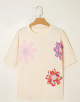 Floral Patch Exposed Stitching Crew Neck Tee