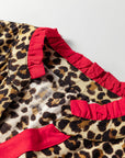 Leopard Contrast Ruffle Trim Buttoned V-Neck Shirt