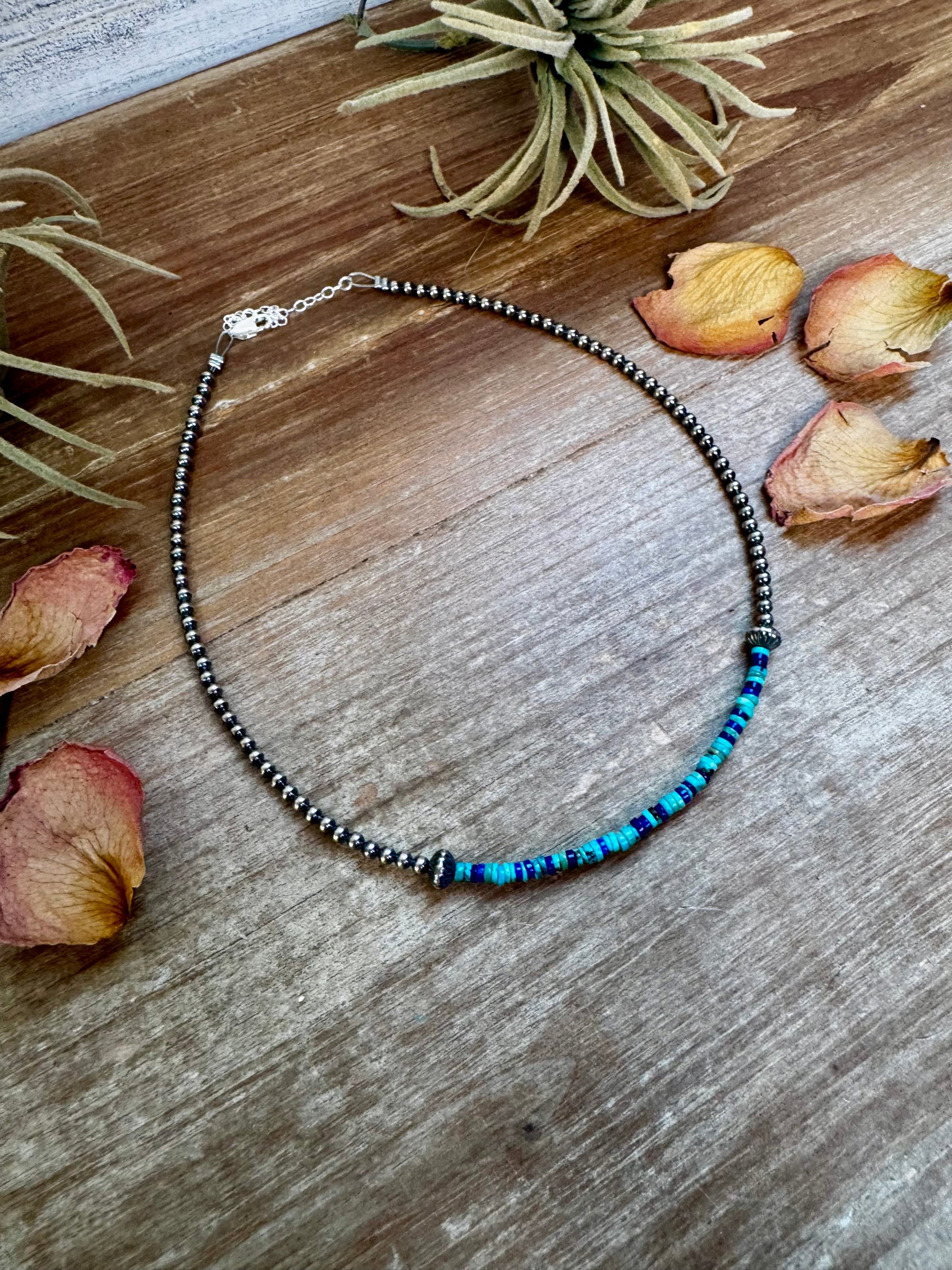 Lapis &amp; Turquoise Heishi Choker – 14" Sterling Silver Beads