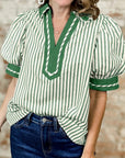 Stripe Collared V-Neck Bubble Sleeve Blouse