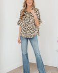 Leopard Ruffle Trim 3/4 Sleeve Buttoned Shirt