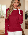 Lace Trim Patchwork Buttoned Cuff Sweater