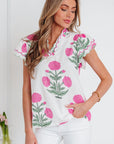 Flower Scallop Contrast Trim Short Sleeve Blouse