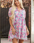 Floral Collared Half-Placket Short Sleeve Mini Dress