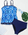 Abstract Frilled Trim Spaghetti Straps Tankini Set