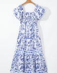 Floral Square Neck Bubble Sleeve Maxi Dress