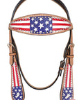Western Leather Headstall and Breast Collar Set for Horses, Tan, Flag-Engraved Design