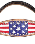 Western Leather Headstall and Breast Collar Set for Horses, Tan, Flag-Engraved Design