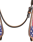 Western Leather Headstall and Breast Collar Set for Horses, Tan, Flag-Engraved Design
