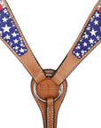 Western Leather Headstall and Breast Collar Set for Horses, Tan, Flag-Engraved Design