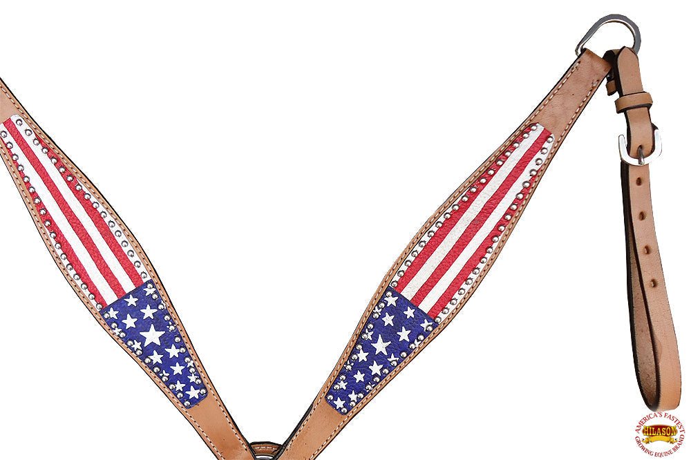 Western Leather Headstall and Breast Collar Set for Horses, Tan, Flag-Engraved Design