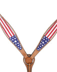 Western Leather Headstall and Breast Collar Set for Horses, Tan, Flag-Engraved Design