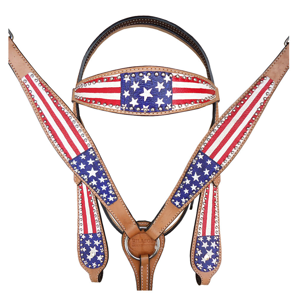 HILASON Western Horse American Leather Headstall &amp; Breast Collar Set Tan US Flag