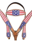 HILASON Western Horse American Leather Headstall & Breast Collar Set Tan US Flag