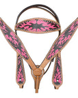 HILASON Western Horse Leather Headstall & Breast Collar Tack Set Pink Flame