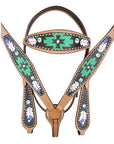 HILASON Western Horse Leather Headstall & Breast Collar Tack Set Geometry Feather