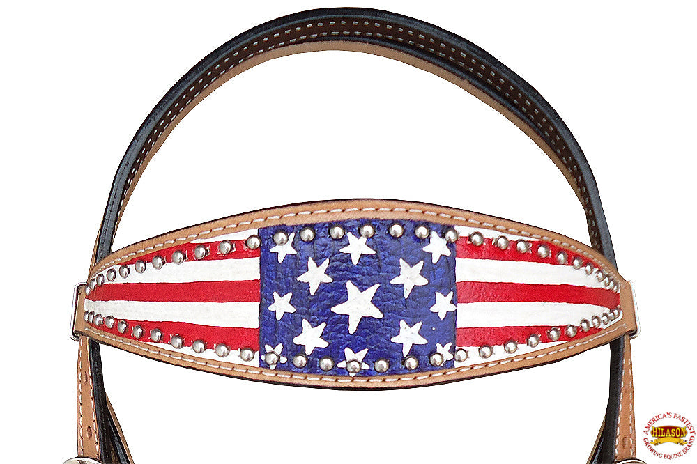 HILASON Western Horse American Leather Headstall &amp; Breast Collar Set Tan US Flag