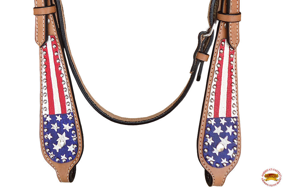 HILASON Western Horse American Leather Headstall &amp; Breast Collar Set Tan US Flag