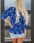 Floral 3/4 Sleeve Notched Neck Blouse