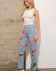 22803P -Rhinestone Fringe Denim Jeans: LIGHT WASH