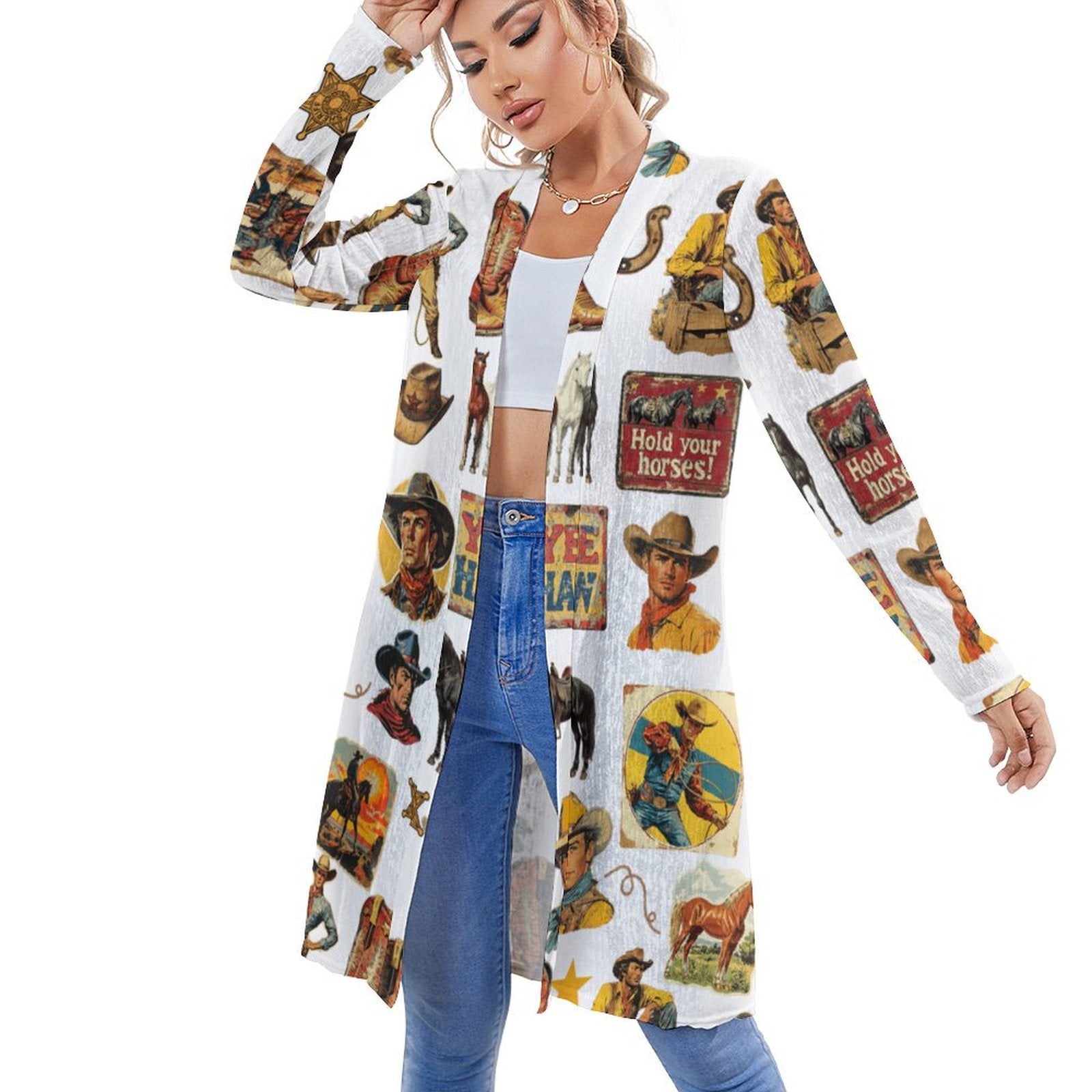 Baha Ranch Vintage Cowboy Collage Western Lightweight Cardigan