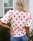 Polka Dot Shirred Notched Neck Balloon Sleeve Blouse
