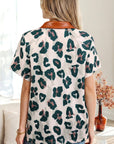 Leopard Buttoned Contrast Collar Short Sleeve Blouse