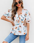 Floral Puff Sleeve V-Neck Babydoll Blouse
