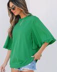 Frilled Round Neck Wide 3/4 Sleeve Blouse