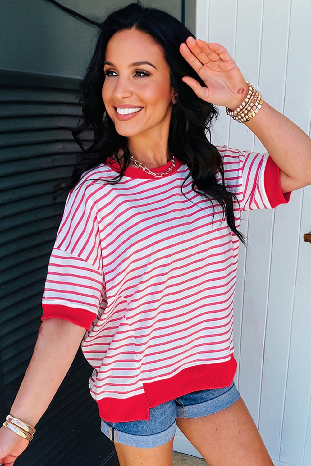 Stripe Drop Shoulder Short Sleeve T-Shirt