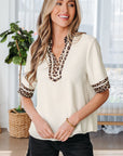 Leopard Patchwork Trim Split Neck Blouse