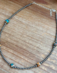 Kids necklace - 13” Turquoise & Spiny Oyster Necklace – 3–4mm Sterling Silver Pearls