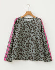 Leopard Varsity Stripe Trim Long Sleeve Top